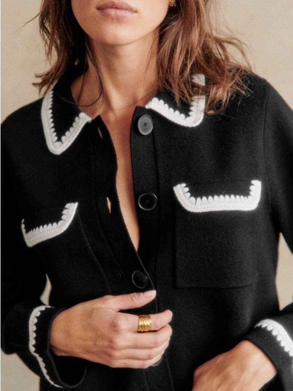 SEZANE Black Merino Wool Knit Collared Betty Cardigan w/ White Crochet Details - Picture 6 of 17